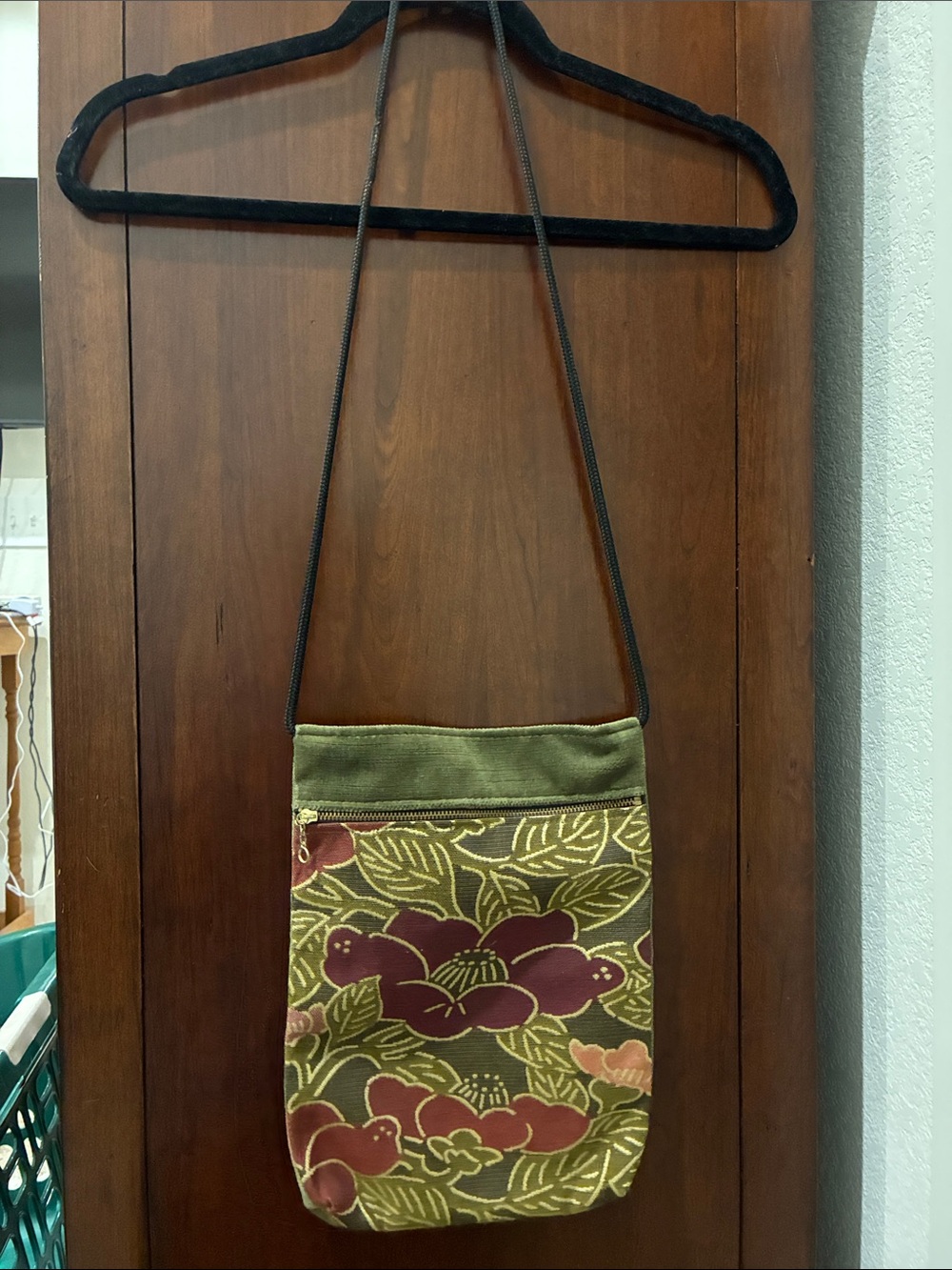 Olive Green Velvet Crossbody Bag with Floral Pocket - Picture 11 of 11